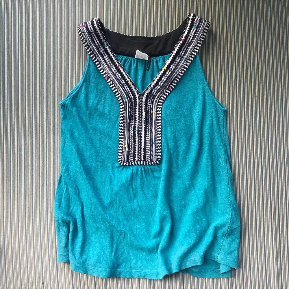 Anthropologie Embroidered V-Neck Tank Top in Teal